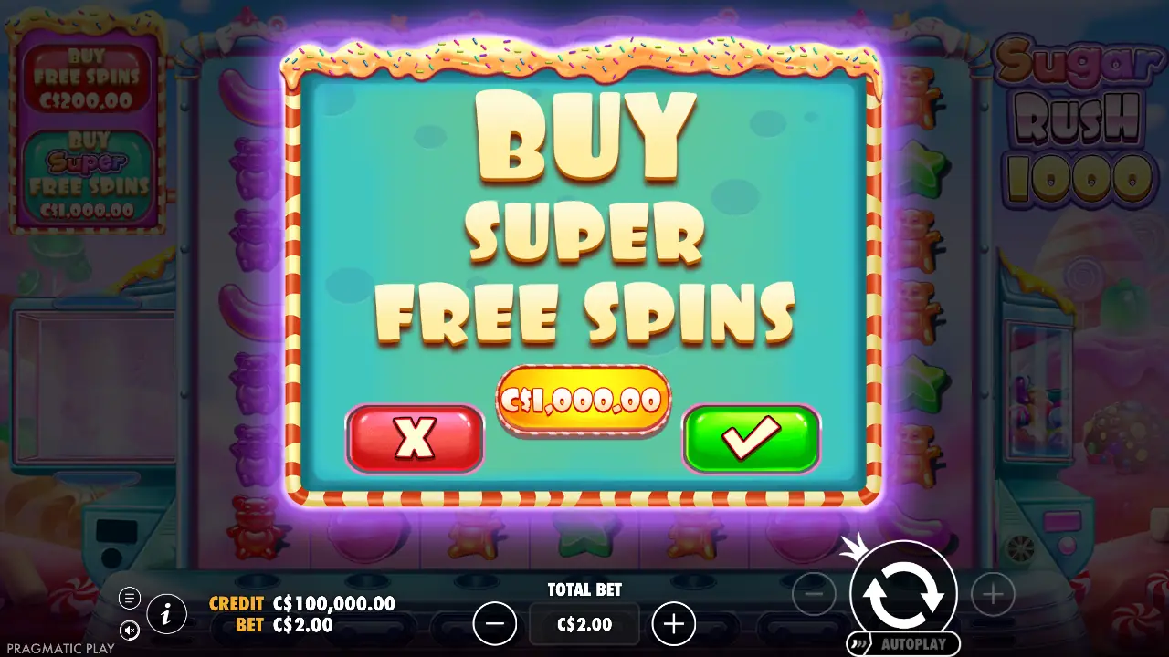 Buy Super Free Spins confirmation: C$1,000 at a C$2 bet (500x).