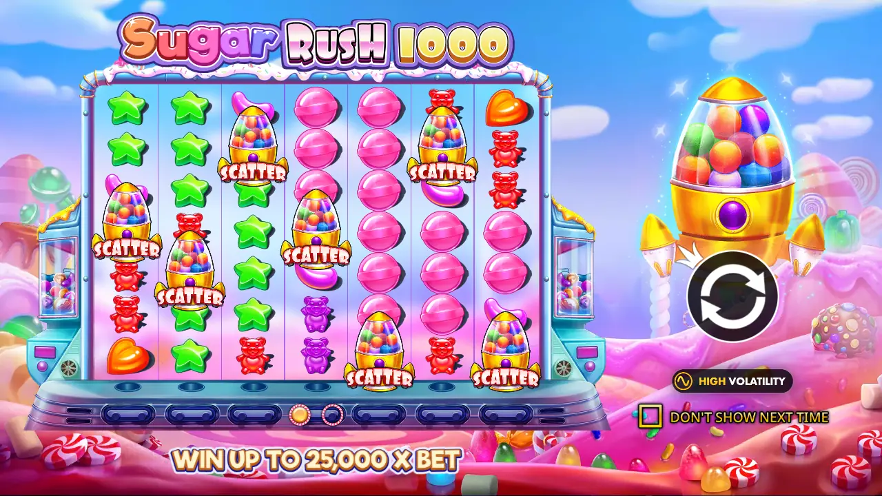 Sugar Rush 1000 intro: multiplier spots up to x1,024 and up to 30 free spins.