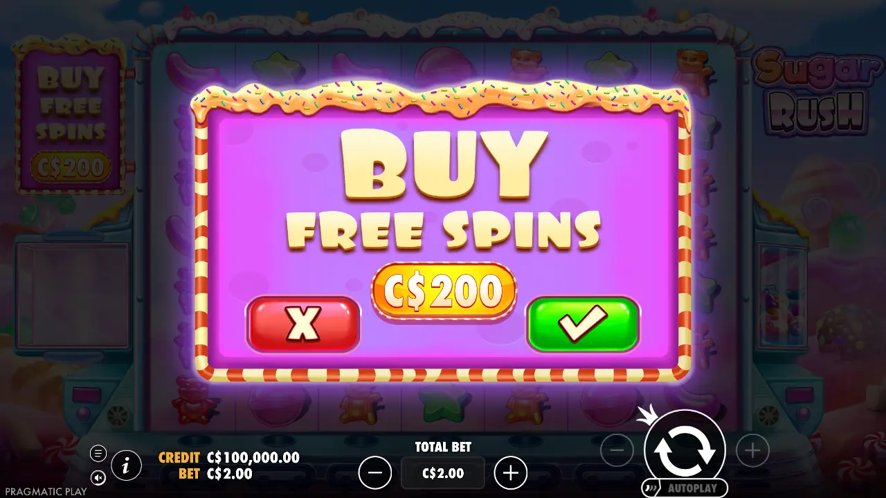The Buy Free Spins confirmation: C$200 at a C$2 bet (100x).