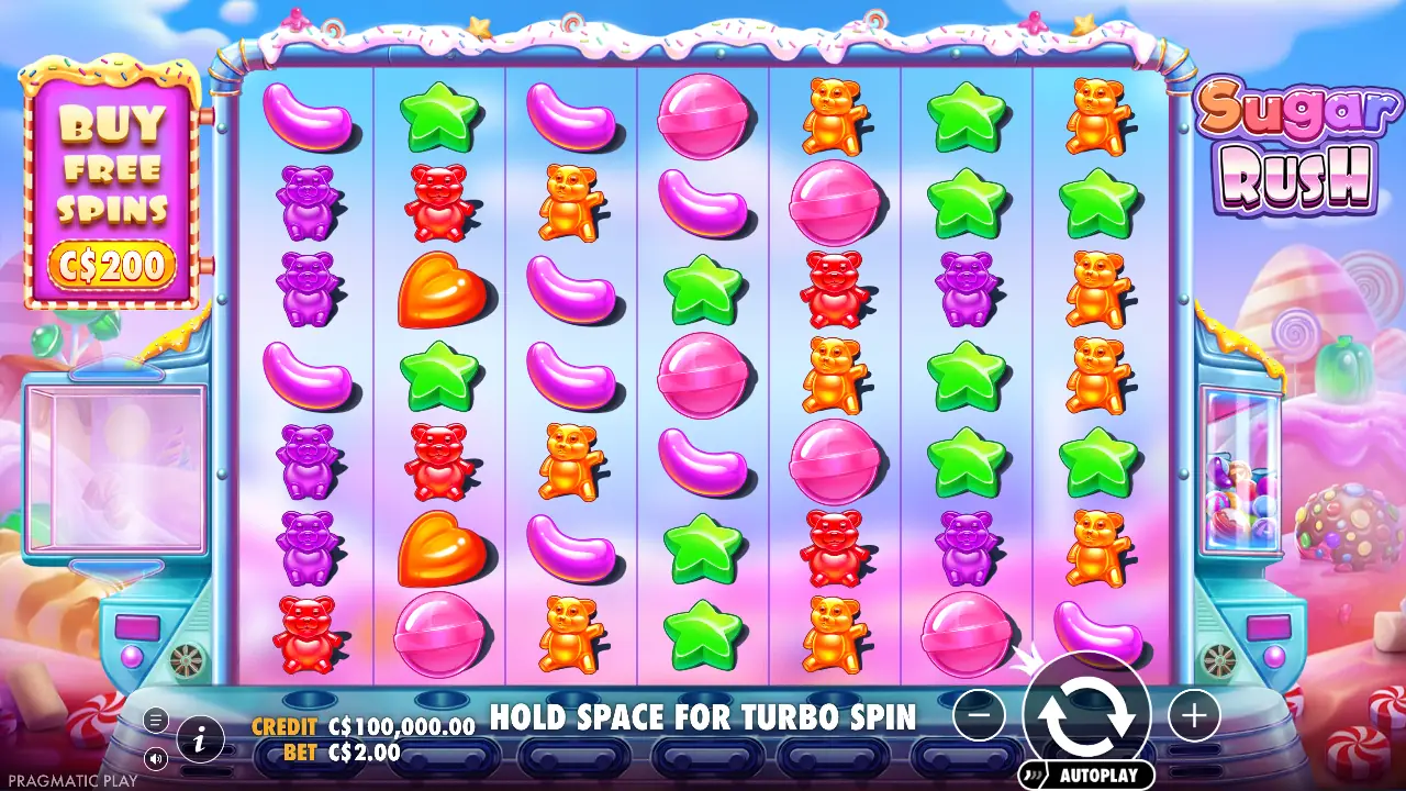 Sugar Rush main screen: 7×7 grid, Buy Free Spins panel (left), spin button, bet controls and autoplay (bottom right).