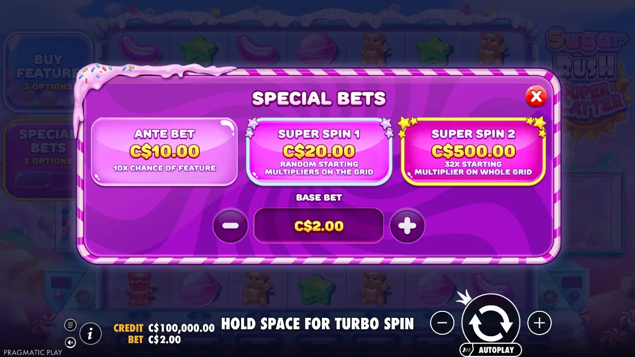 Special Bets menu: Ante Bet C$10, Super Spin 1 C$20, Super Spin 2 C$500 at a C$2 base bet.