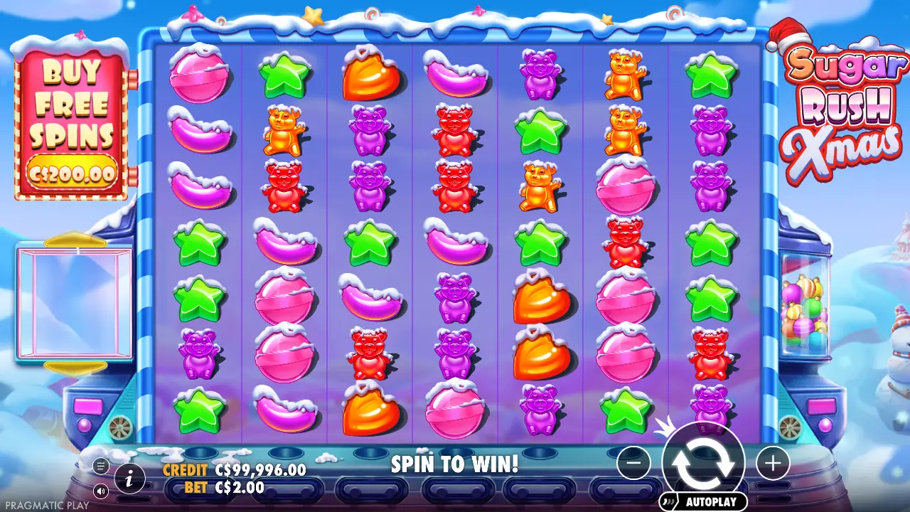 Sugar Rush Xmas base game: snowy candies and bauble gumball scatters.